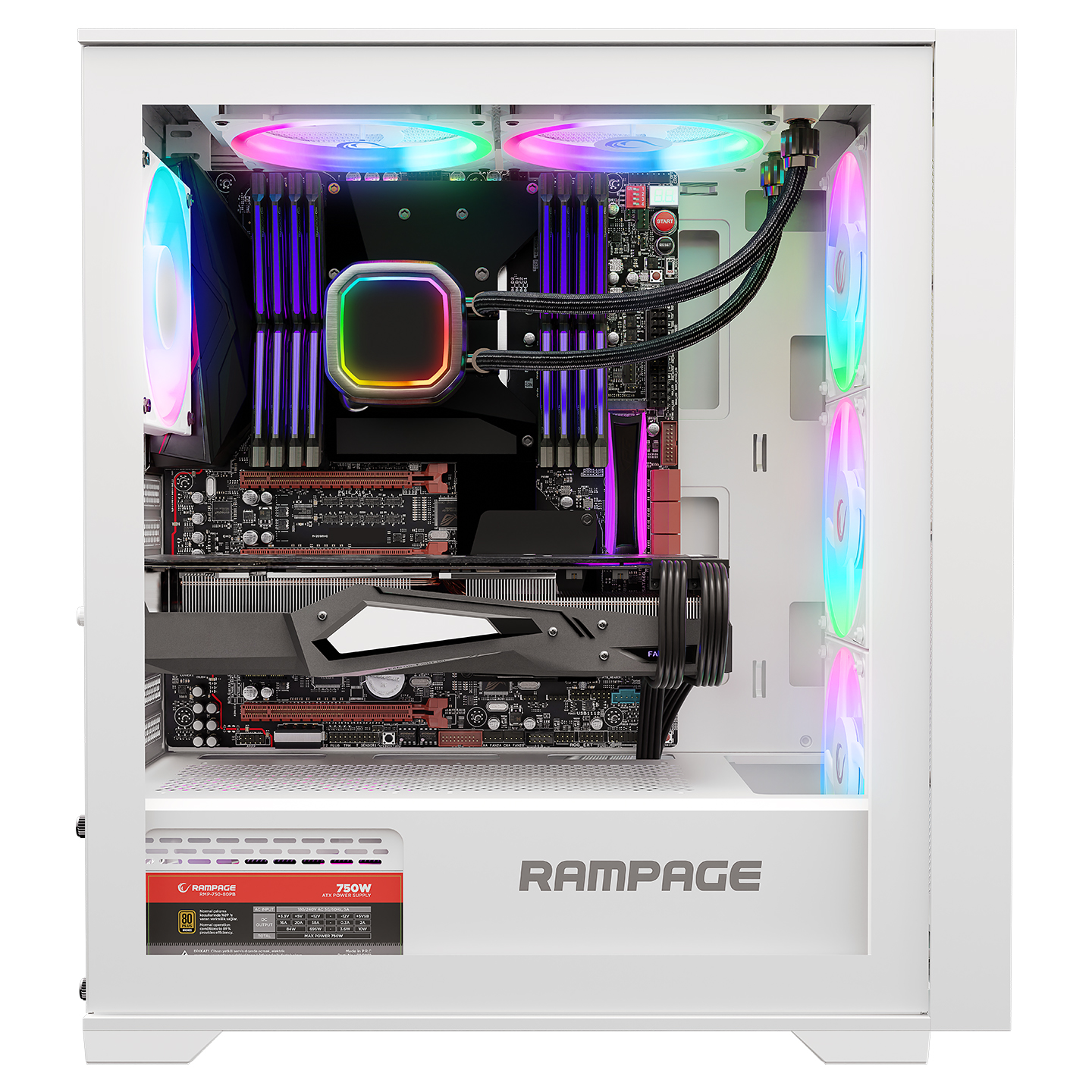RAMPAGE 750W 80+ BRONZE VOYAGER GAMING Mid-Tower PC Kasası Beyaz 4X RGB FANLI